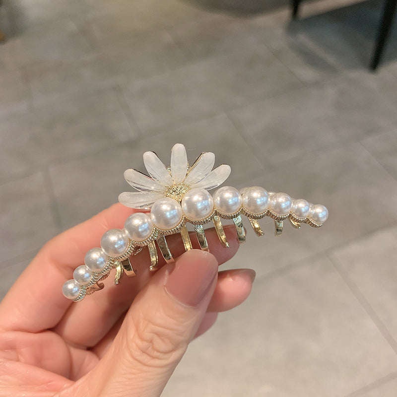 Haarspange mit Katzenaugen-Steinblumen und Perlen 