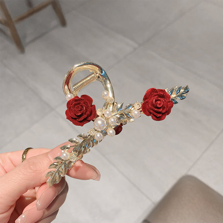 Pince à cheveux en perles de rose rouge