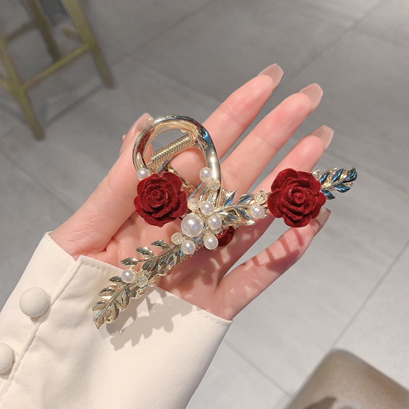 Pince à cheveux en perles de rose rouge