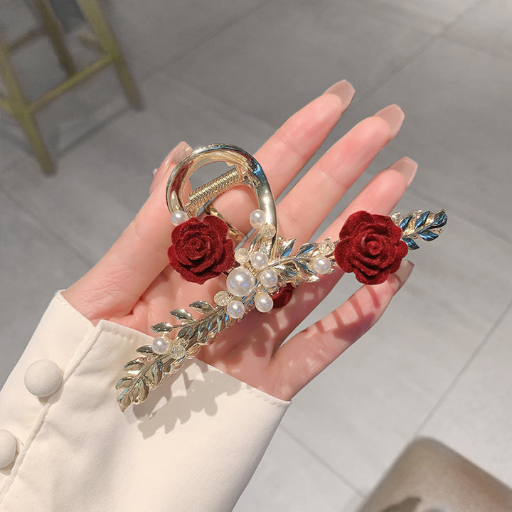 Pince à cheveux en perles de rose rouge