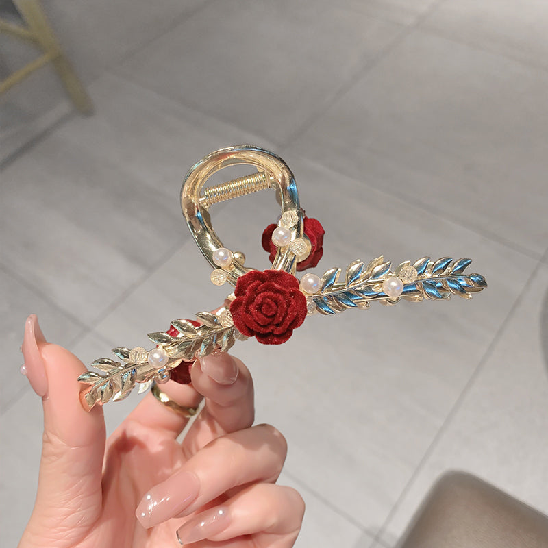 Pince à cheveux en perles de rose rouge