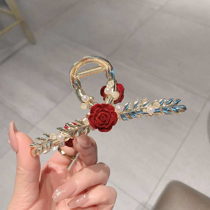 Pince à cheveux en perles de rose rouge