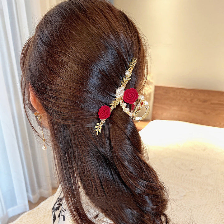 Pince à cheveux en perles de rose rouge